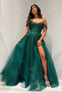 Cute A Line Off the Shoulder Dark Green Sparkly Tulle Long Prom Dress VL123004