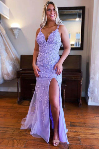 Mermaid V Neck Lavender Lace Prom Dresses with Appliques VL012205