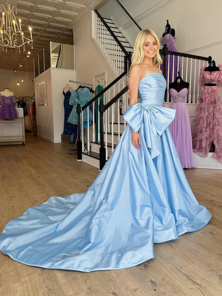 A Line Strapless Light Blue Taffeta Slit Prom Dress with Bow VL251201