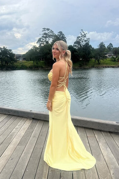 Charming Mermaid Sweetheart Yellow Satin Slit Prom Dress with Cross Back VL24120908