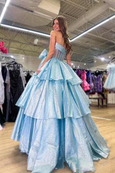 Cute Ball Gown Strapless Light Blue Organza Slit Prom Dress with Bow VL24122502