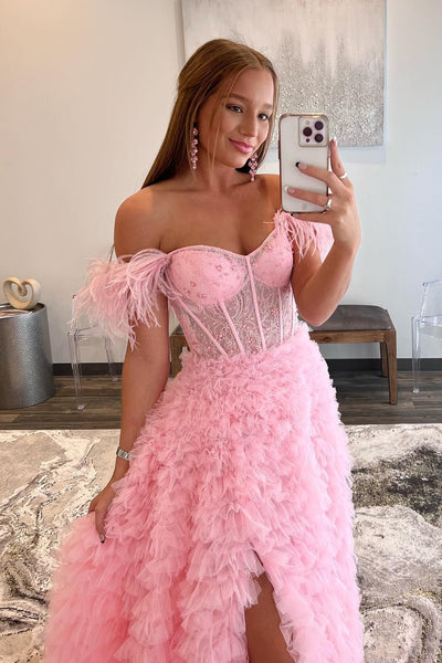 Princess A Line Off the Shoulder Pink Long Prom Dress with Feather VL011228