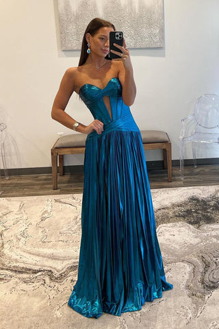 Flowy A-Line Strapless Keyhole Bue Pleated Satin Long Prom Dress VL4062507