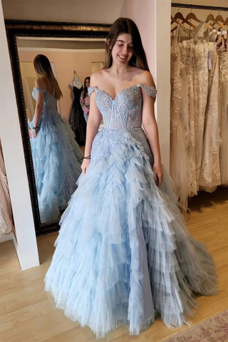 Light Blue Off-Shoulder Floral Layers Long Prom Dress VL011722