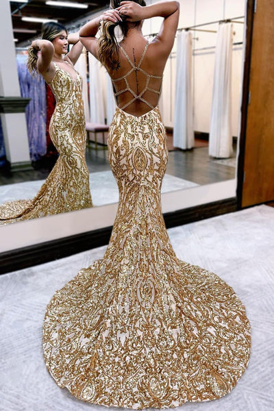 Charming Mermaid V Neck Gold Sequins Long Prom Dress VL122207