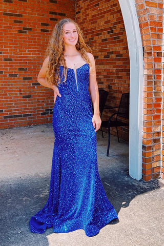 Sparkly Royal Blue Sequins Mermaid Corset Long Prom Dress VL012301