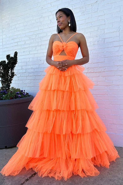 A-Line Sweetheart Orange Tulle Long Prom Dress with Cutout VL020204