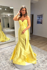 Cute Mermaid Sweetheart Yellow Slit Prom Dress with Bow VL24121807