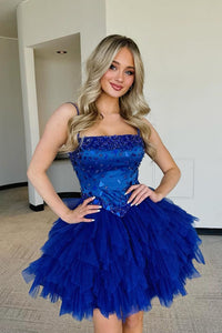 A Line Straps Royal Blue Tiered Tulle Short Homecoming Dresses with Beading VL24071005