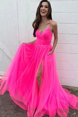 Hot Pink A-Line Tulle Long Prom Dress with Pockets VL011208