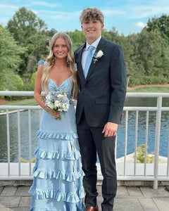 Sheath V Neck Blue Satin Tiered Prom Dress with Slit VL2601
