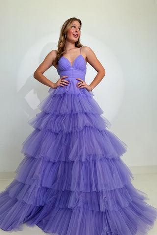 Princess A-Line V Neck Lavender Ruffle Tiered Long Prom Dress VL012603