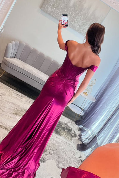 Fashion Mermaid Off the Shoulder Fuchsia Satin Slit Prom Dress VL24120911