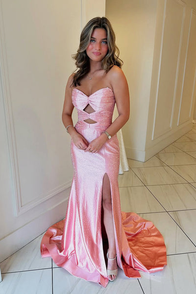 Cute Mermaid Sweetheart Keyhole Coral Satin Slit Tiered Prom Dress with Beading VL24121806