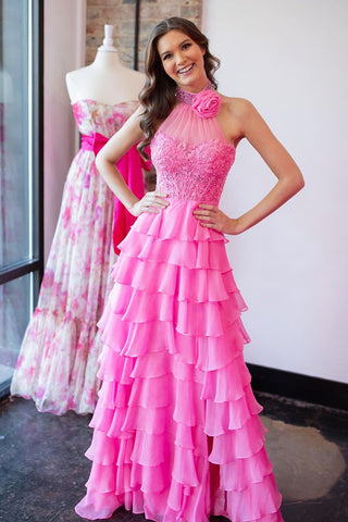 Cute A-Line Halter Pink Tiered Tulle Long Prom Dress with Appliques VL012309