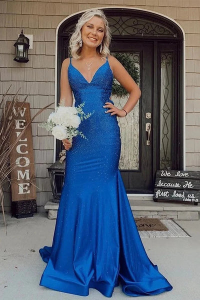 Mermaid Royal Blue Beaded Long Prom Dress Evening Dress VL011601