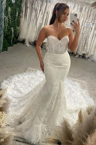 Fairy Mermaid Sweetheart White Lace Wedding Dresses with Appliques VL24112904