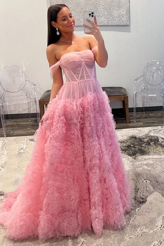 Princess A Line Off the Shoulder Pink Corset Prom Dress with Ruffles VL011347