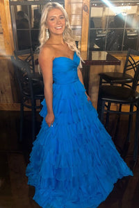 Cute A Line Sweetheart Blue Chiffon Tiered Prom Dresses VL24120903