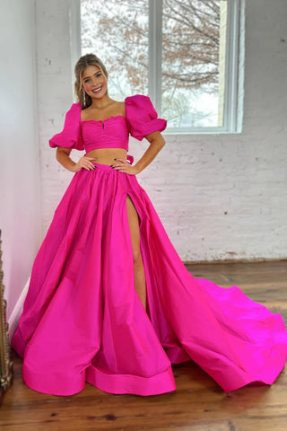 Hot Pink A-Line Short Sleeves Long Prom Dress with Slit VL011330