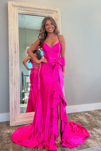 Gorgeous Mermaid V Neck Pink Satin Long Prom Dresses with Slit VL24103106