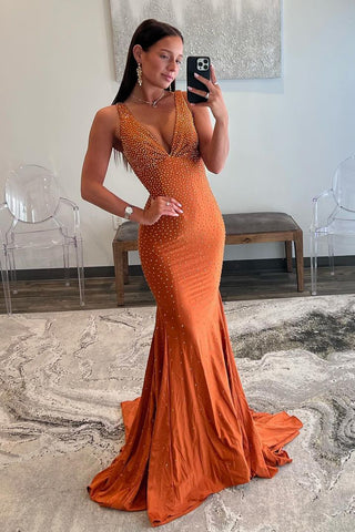 Cute Mermaid V Neck Orange Satin Long Prom Dress with Beading VL010503