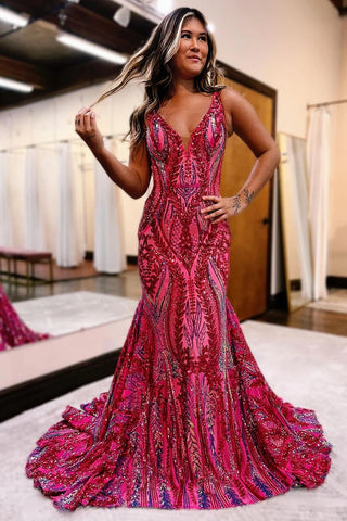 Cute Mermaid V Neck Fuchsia Red Sequins Lace Long Prom Dress VL24112911