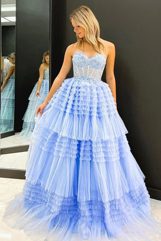 Princess A Line Sweetheart Blue Tulle Long Prom Dress with Ruffles VL011604