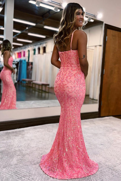 Pink Spaghetti Straps Sequins Mermaid Prom Dress VL011421