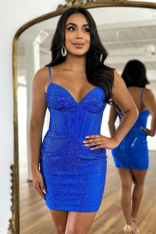 Bodycon V Neck Royal Blue Beads Short Corset Homecoming Dresses VL24080704