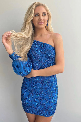 Blue One Shoulder Long Sleeve Sequins Short Homecoming Dresses VL24072502