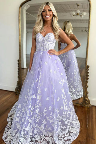 Lilac A-Line Sweetheart Long Tulle Prom Dress With Appliques VL011904