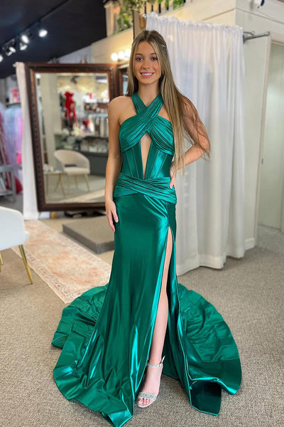 Elegant Mermaid V Neck Green Silk Satin Prom Dress with Slit VL25011303