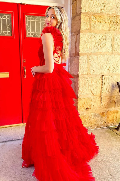 Red A-Line Corset Long Tulle Tiered Prom Dress with Slit VL011242