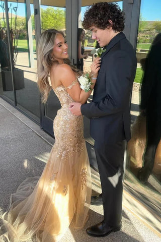 Mermaid Off the Shoulder Gold Tulle Lace Prom Dress with Appliques VL010708