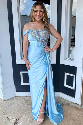 Light Blue One Shoulder Satin Mermaid Long Prom Dress with Beads VL012304