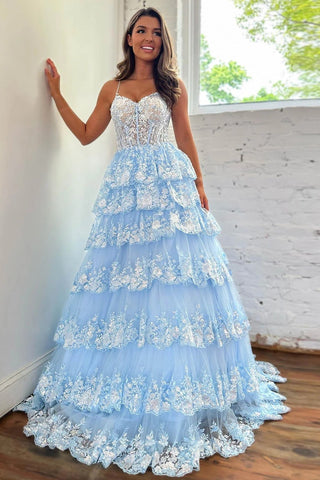 Princess A Line Spaghetti Straps Blue Corset Prom Dress with Lace Ruffles VL012803