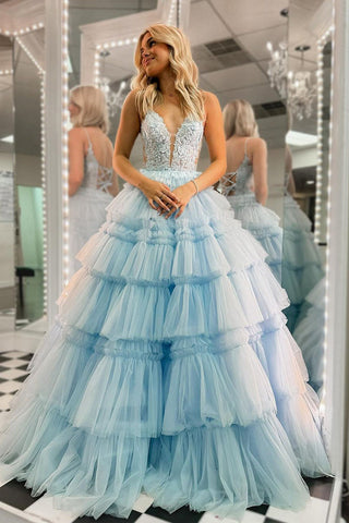 Ball Gown V Neck Sky Blue Ruffle Tiered Tulle Long Prom Dress VL4062506