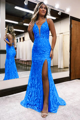 Cute Mermaid V Neck Blue Sequins Slit Prom Dresses VL24112912