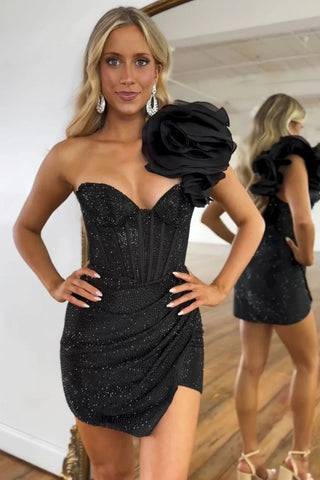 Black Strapless Flower Short Homecoming Dresses with Beading VL24071801