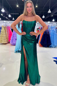 Charming Mermaid Scoop Neck Green Satin Long Prom Dresses with Slit VL24103103