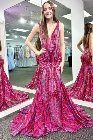 Cute Mermaid V Neck Red Lace Sequins Long Prom Dress VL122302