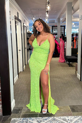 Cute Mermaid V Neck Green Sequins Long Prom Dress with Slit VL122802