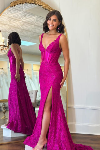 Mermaid V Neck Fuchsia Lace Long Prom Dresses with Slit VL022904