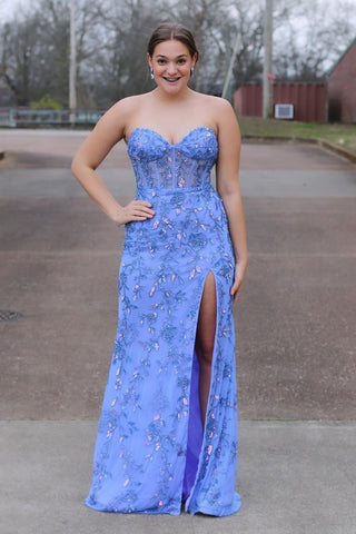 Light Blue Sweetheart Sequins Lace Long Prom Dresses with Slit VL030404