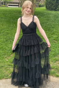 Black Ruffle Straps Tulle Multi-Layers V Neck Long Prom Dress VL011616