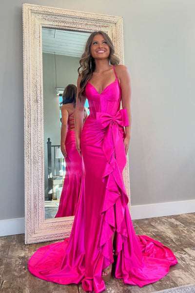 Gorgeous Mermaid V Neck Pink Satin Long Prom Dresses with Slit VL24103106