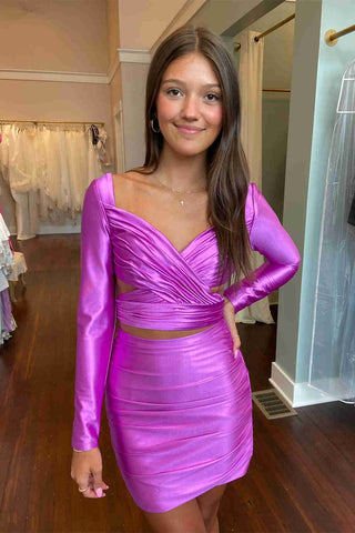 Two Piece V Neck Long Sleeves Short Homecoming Dresses VL24072706