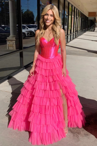 Fuchsia Strapless A-line Multi-Layers Tulle Long Prom Dress VL012107