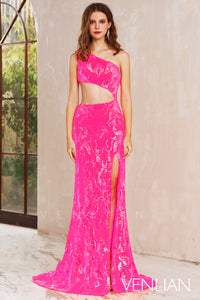 Cute Mermaid One Shoulder Hot Pink Sequins Long Prom Dress with Slit VL101331